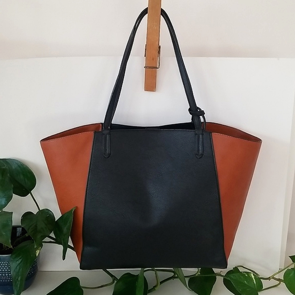 EUC Amazing XL Faux Leather Tote, Carryall Bag, Source Unknown, Black, Cognac